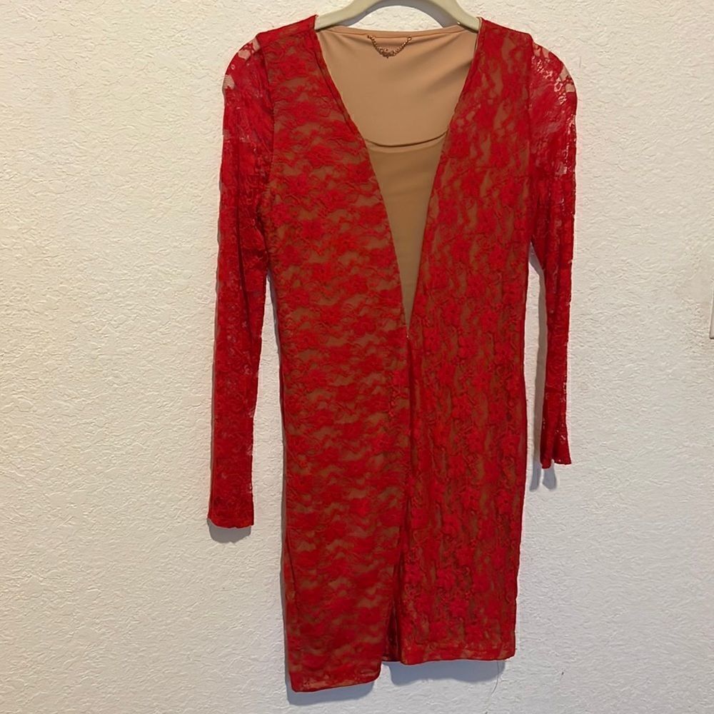 Red Lace Tight Long Sleeve Dress - Sexy Red Dress - Size Small